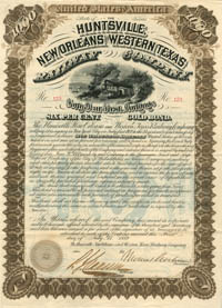 Huntsville, New Orleans and Western Texas Railway Co. (Uncanceled) - 1882 dated Railroad Gold Bond